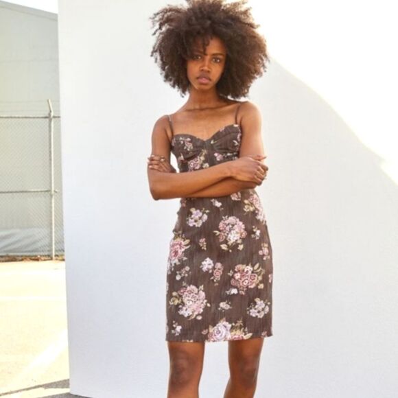 Brock Collection X H&M Brown Floral Spaghetti Strap Mini Slip Dress S - Picture 1 of 9